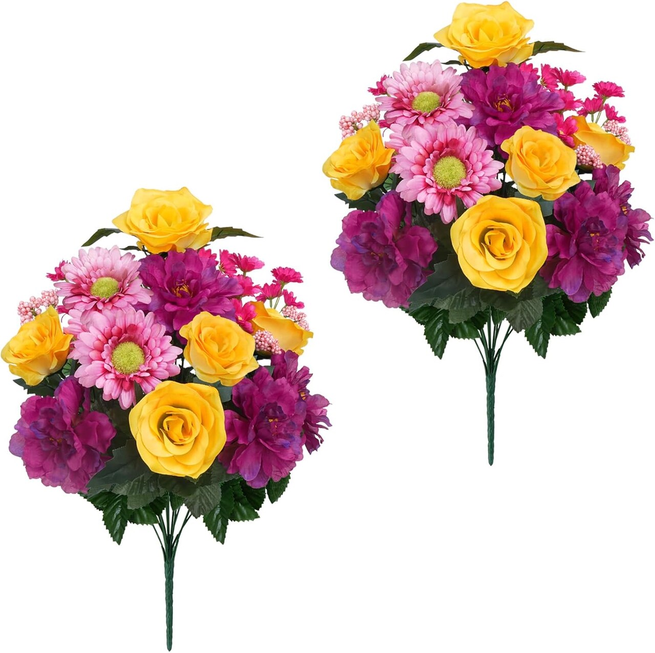 14-Stem Cemetery Flowers for Grave – Silk Peony & Daisy Bouquet, 19.3” Multicolor Artificial Flowers for Headstones, Vases, and Outdoor Memorial Decorations (2 Pcs)